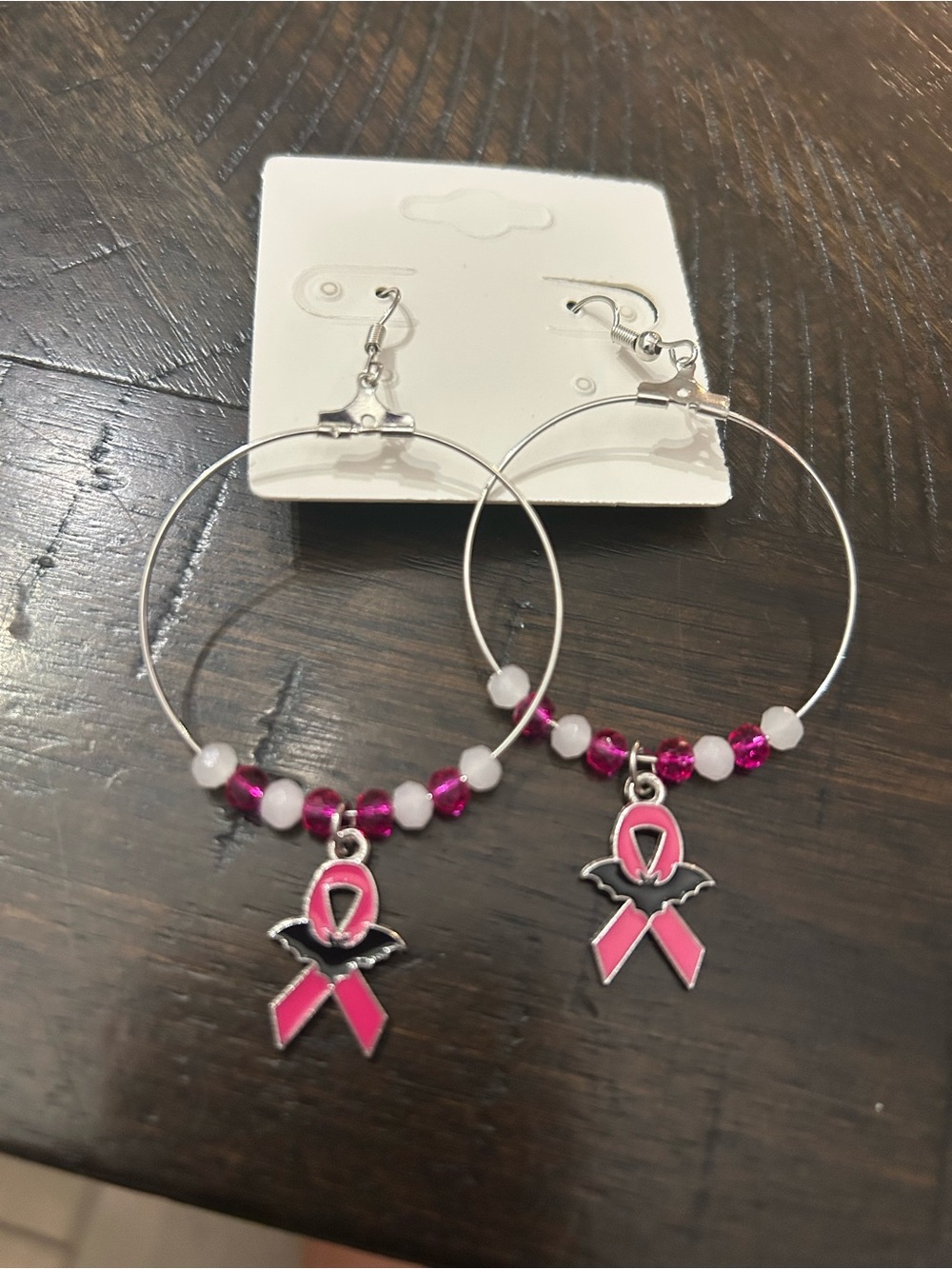 Pink Ribbon Hoop Earrings with Beaded Accents